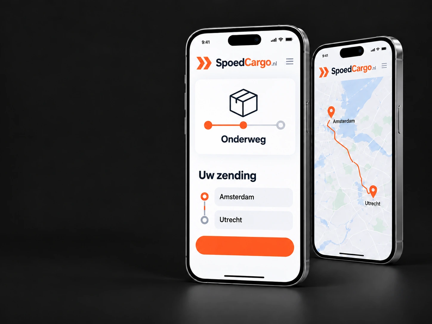 Vooruitblik op de SpoedCargo-app: zendingoverzicht en route op twee smartphones